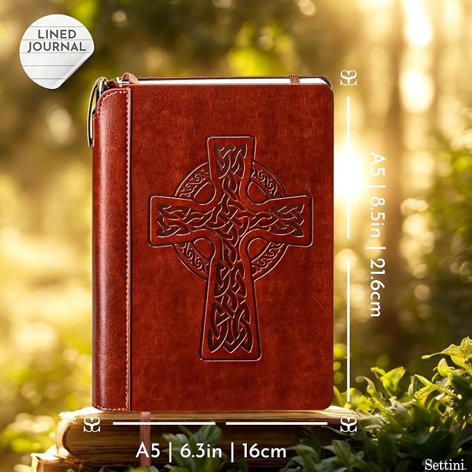 SETTINI® Lined Journal - Celtic Cross Journal for Writing Gift Set - Hardcover Vegan Leather, Includes Luxury Pen in a Unique Pen Holder, 192 Pages, A5, Fathers Day Gift, Bible Journal, Journal for Men & Women
