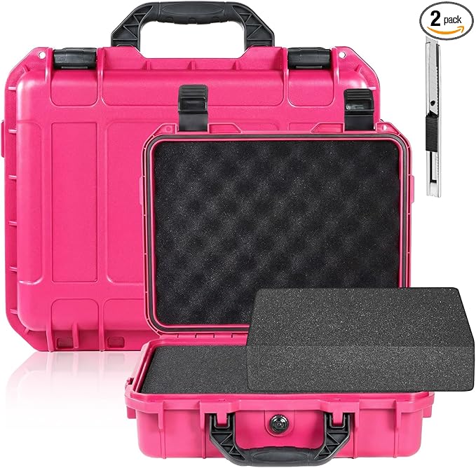 Relaxweex 1 Pcs 8.5 x 6.5 x 3.7 Inch Waterproof Hard Case with DIY Customizable Foam Insert Portable Protective Case with Knife for Camera Drones Equipments Tools Test Instruments(Rose Red)