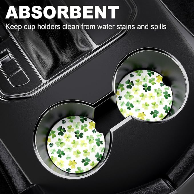 2 Pack Car Cup Holder Coaster, 2.63 inch Anti Slip Insert Absorbent Ceramic Car Coaster with Cork Base and Finger Notch, Cute Car Accessories Interior for Women, Cute Car Coasters., Clover