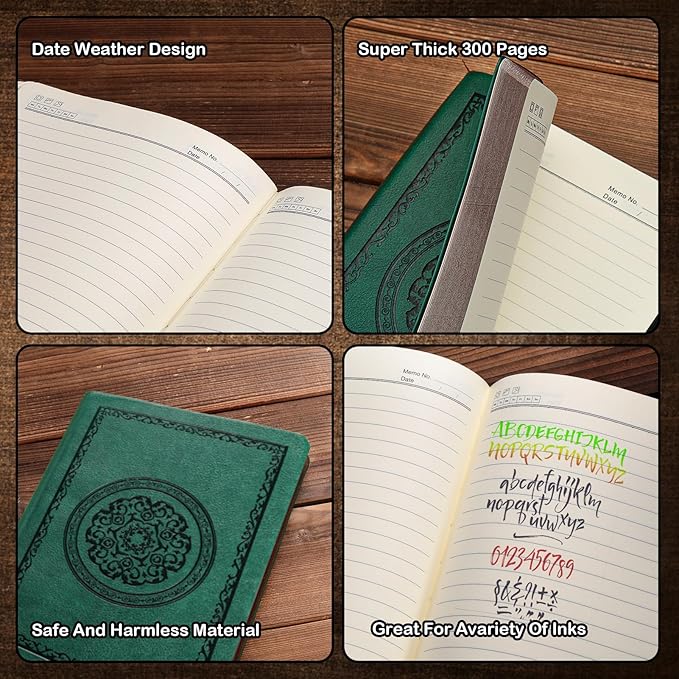 Fetinar 2026 Leather Vintage Journal Notebook,300 Pages,Leather Softcover Lined Journal Notebooks for Women Men,Notebook Journals for Writing Travel,Business,Office,5.7'' X 8.3'',Green
