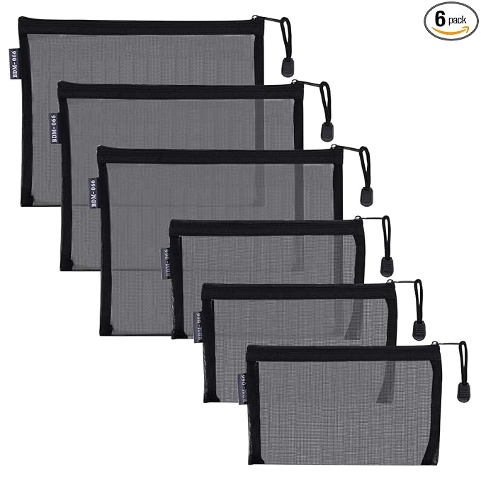 HRX Package Nylon Mesh Cosmetic Zipper Bags, 6PCS Black Makeup Pouches Travel Organizer Case for Purse Diaper Bag (A5 x 3pcs, A6 x 3pcs)