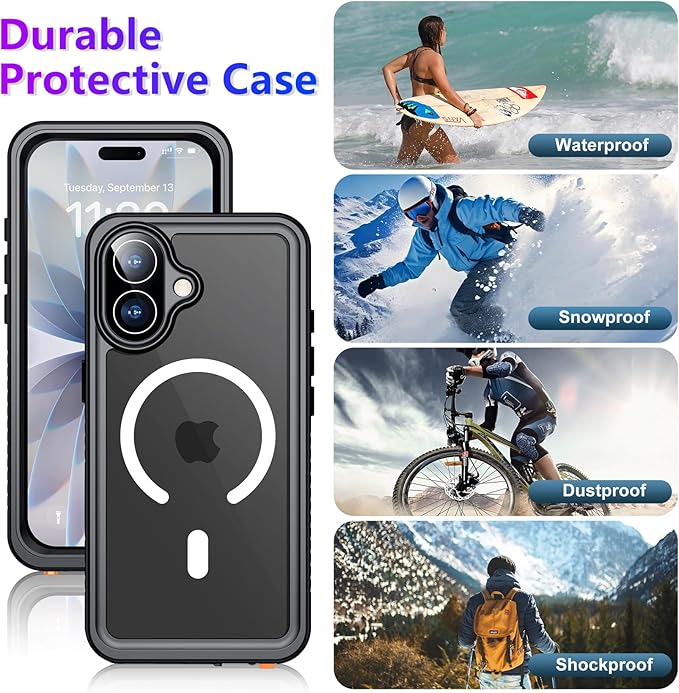 Magnetic Compatible with iPhone 17 Case,Waterproof Built-in Screen & Camera Protector IP68 Underwater Full Body 17FT Military Dropproof Shockproof Phone Case 6.3"-Mag/Black