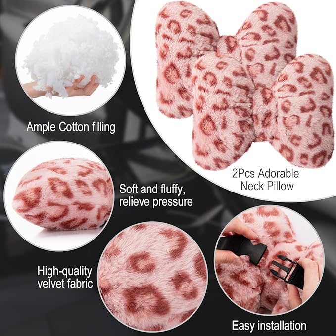 Macarrie 2 Pcs Car Neck Pillow Velvet Bow Headrest Pillow Soft Comfortable Seat Neck Support Cute Bow Car Accessories for Driving Travel Driver Chair Girl Style Interior Decor (Pink Leopard)