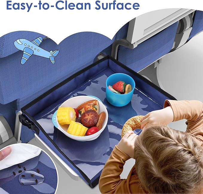 Kids Tray Table Cover, Airplane Tray Cover with Pockets, Airplane Travel Essentials for Kids, Portable Airplane Must Haves for Toddler on Plane or Train and Flying Supplies (Navy Blue)