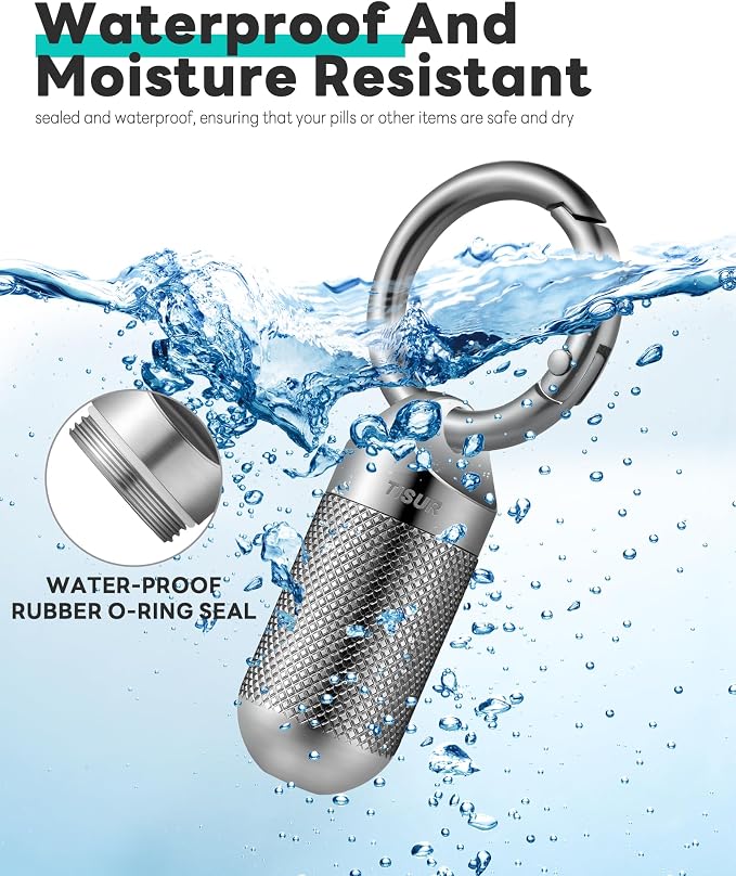 TISUR Titanium Keychain Pill Holder Small Metal Pill Case, Pill Organizer Portable Waterproof Pill Container, Travel Pill Bottle Box for Purse (Small-0.51inch)
