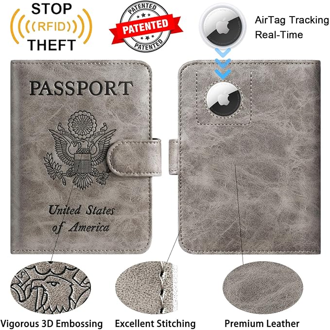 Airtag Passport Holder Cover Wallet RFID Blocking Leather Case Travel Essentials Luggage Accessories Travel Must Have(118#Grey)