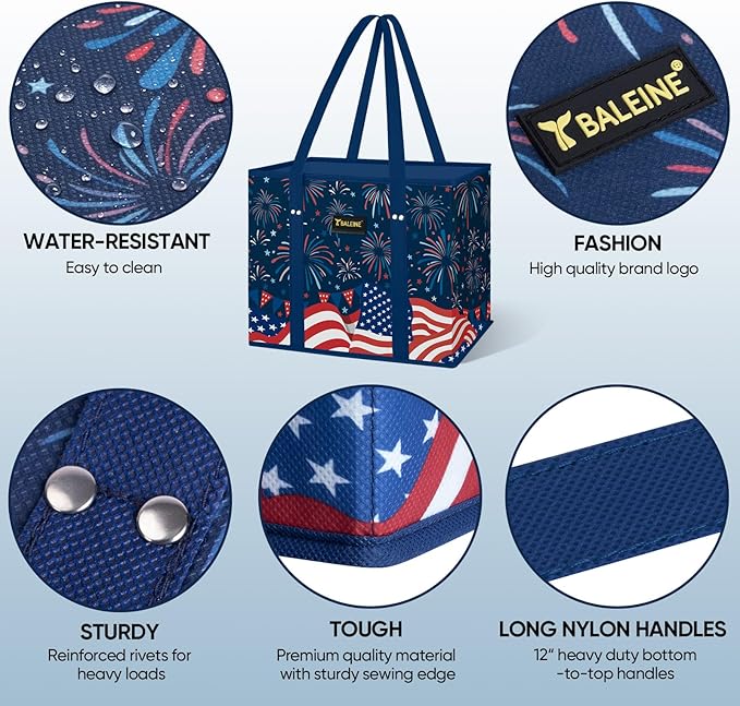 BALEINE 3Pk Reusable Grocery Bags, Foldable Shopping Bags for Groceries with Reinforced Bottom & Handles (Freedom Celebration)