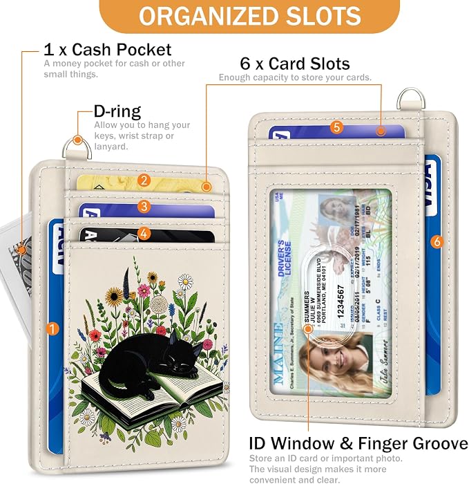 Yonlevres Credit Card Holder Slim Wallet, Floral Cat RFID Wallet Women Front Pocket Small Card Holder, Travel Cute Funny Thin RFID Blocking Case Organizer ID Window PU Leather Gifts