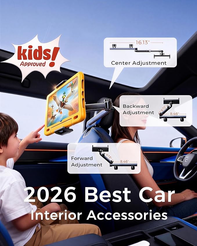 Tablet Holder for Car, 3 in 1 Extension Arm Adjustable Car Headrest Tablet Holder Road Trip Essentials Back Seat Tablets Cars Mount Compatible with iPad Pro, Air, Mini, 4.7-11" Devices