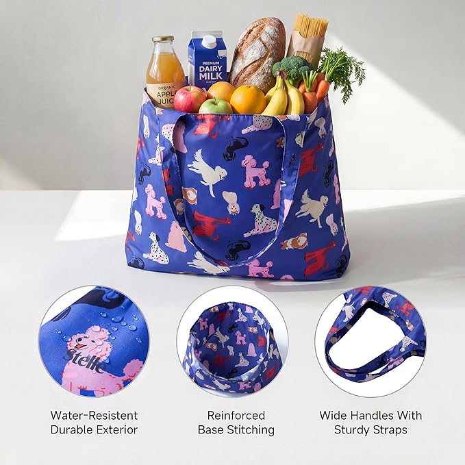 Stelle Lightweight Reusable Grocery Bag with Handles Ripstop Nylon Foldable Tote Shopping Bags for Travel and Groceries