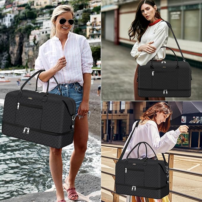 ITIEZY Weekender Overnight Bag for Women - Large Travel Duffel Bag with Shoe Compartment, Gym Duffel Bag Hospital Bag Carry On Tote Bags for Airplanes with Crossbody Bag Toiletry Bag 3Pcs Set