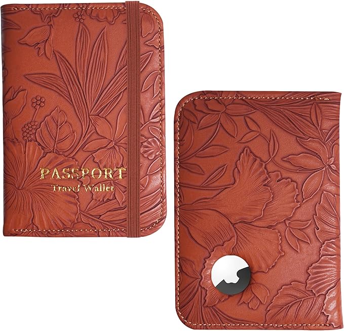 lizimandu Passport Holder with Airtag Slot, Airtag Passport Wallet for Men Women, Slim Leather Passport Holder Case Family for Travel Anti-Lost(1-Carved Light Brown)