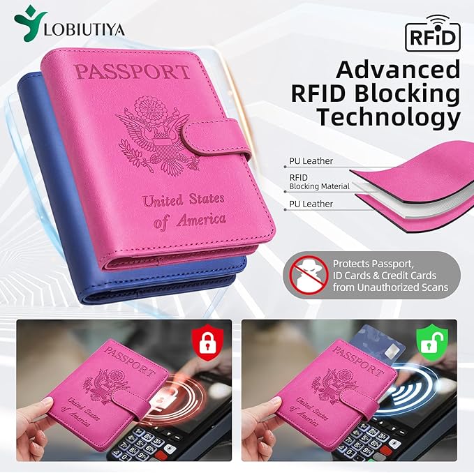 2 Pack Passport Holder For Travel with Slot for AirTag & Luggage Tag Cover – RFID Blocking Passport Holder for Travel Women/Men | PU Leather Passport Case with Pocket, Blue/Pink