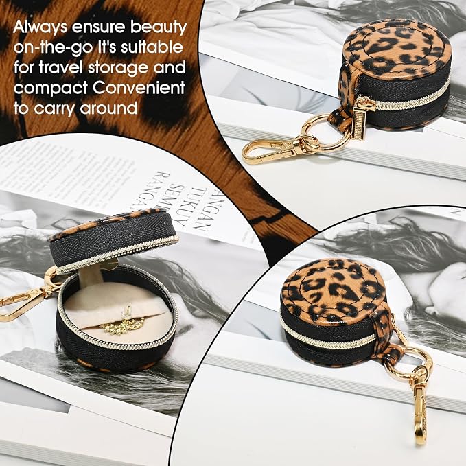 Portable Ring Keychain Holder for Gym and Travel - Jewelry Holder for Sports Bag, Compact Ring Earring Necklace Storage Case (Brown leopard print)