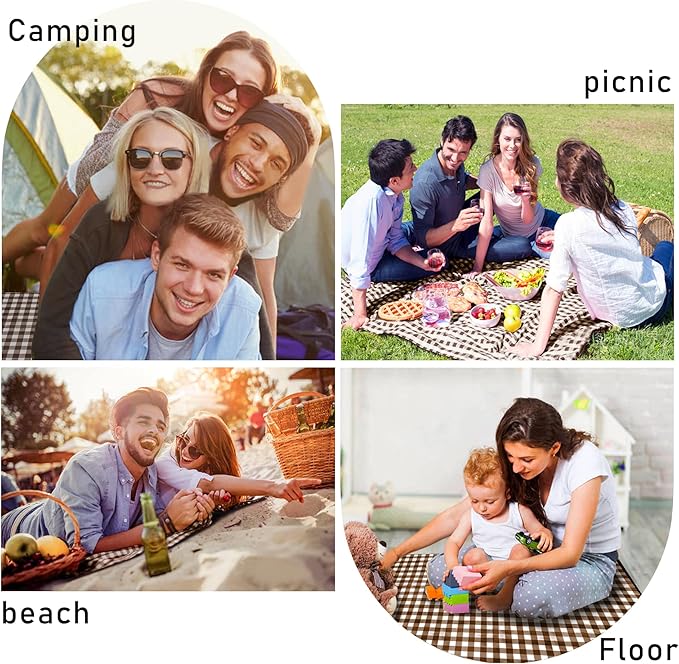 SAMSIER Outdoor Picnic Blankets Waterproof Foldable Sandproof, Extra Large Gingham Cute Picnic Mat Washable Portable for Park Beach Camping Courtyard (Brown, 80"×80")