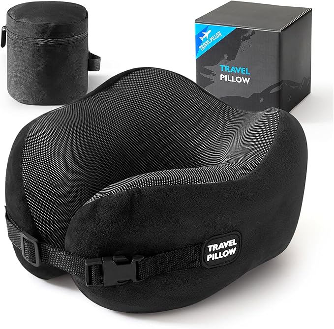 Neck Pillow Travel Pillow - 100% Pure Memory Foam Airplane Pillow with Adjustable Clasp & Removable Cover, Portable Travel Essentials for Long Flights, Car & Office (Black)