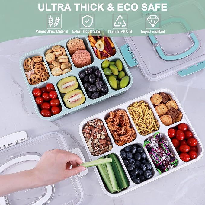 Snackle Box Container, Large 8-Compartment Divided Serving Tray with Lid and Handle, Portable Snack Tray for Travel Party Beach Picnic, Dishwasher Safe, BPA-Free, Wheat Straw