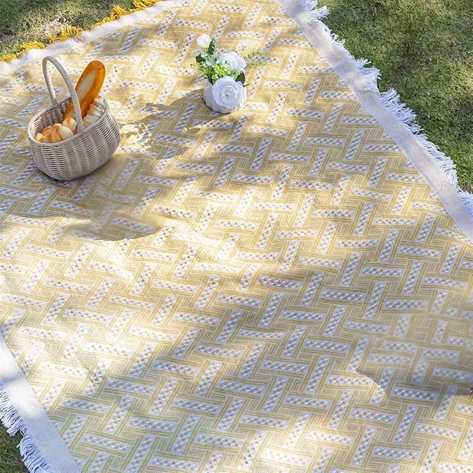 70x70 Bohemian Picnic Mat Extra Large, Sand Proof Outdoor Camping Blanket Machine Washable, Lightweight Portable Travel Tarp for 5-7 Adults Beach Park Grass (Yellow-T-Grid)