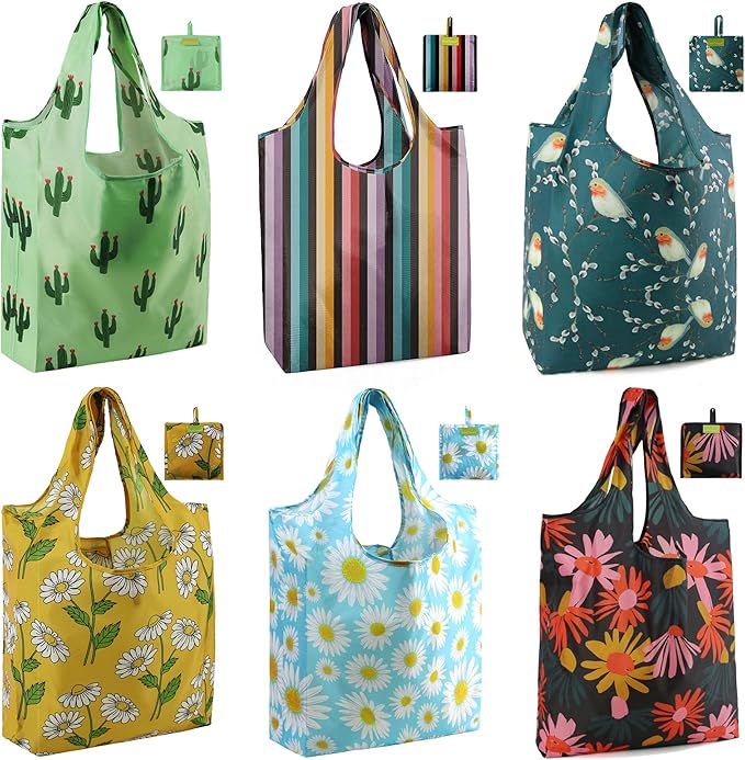 BeeGreen Animal Reusable Shopping Bags Cute Grocery Bag 6 Pack, Christmas Gift Bags Heavy-Duty Foldable Shopping Totes for Supermarket, Work & Travel, Large Washable Polyester Tote Bag with Handles