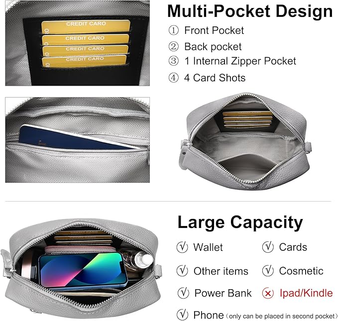 Small Crossbody Bags for Women Genuine Leather, Guitar Strap Shoulder Handbag Purse Camera Bag with Rfid Card Slots, grey