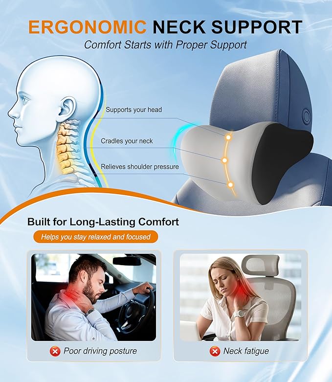 2-Pack Car Neck Pillow: Ergonomic Memory Foam Car Headrest Pillow, Neck Support Pillow for Long Drives, Headrest Support Cushion for Pain Relief, Universal Fit for Cars, SUVs & Trucks - Gray&Black