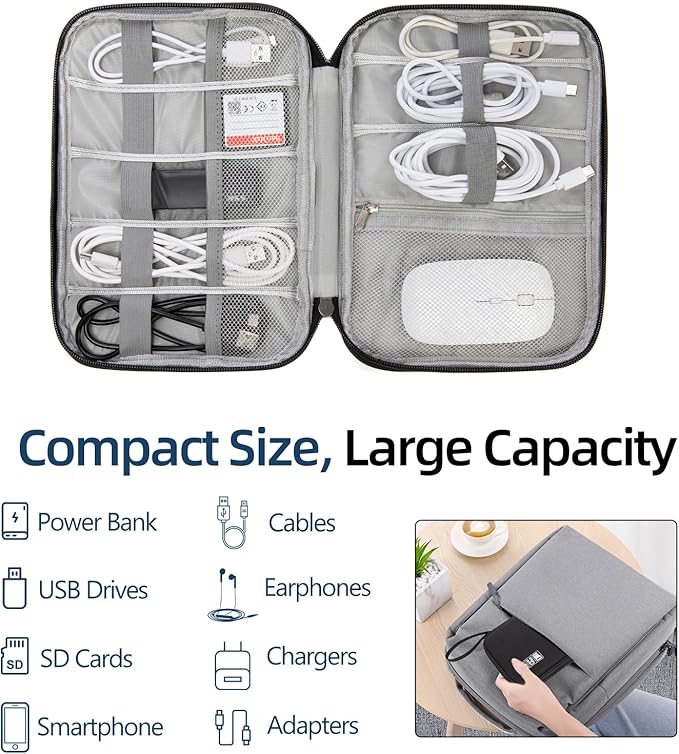 Electronics Organizer Travel Case - Water-Resistant Tech Bag for Cables, Chargers & Cord Management - Small Portable Pouch for Travel Accessories, Gear Bag for Airplane & Business