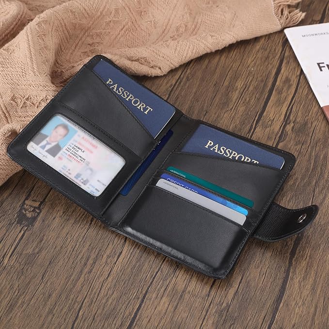 Polare Napa Leather Slim and Soft RFID Blocking wallet For Men Snap Bifold Travel Wallet Passport Holders 2 Passports (Black with AirTag Slot)