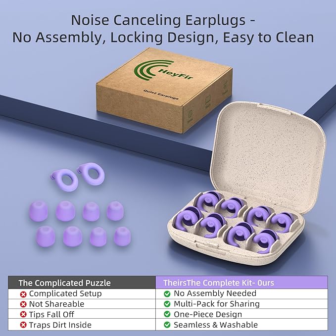 Noise Cancelling Ear Plugs for Sleep, Small Ear Fit - No-Pain for Side Sleepers, 50dB NRR Reusable Silicone One-Piece Design, 4 Sizes for Adults & Kids, Portable Case (Purple, 4 Pairs)