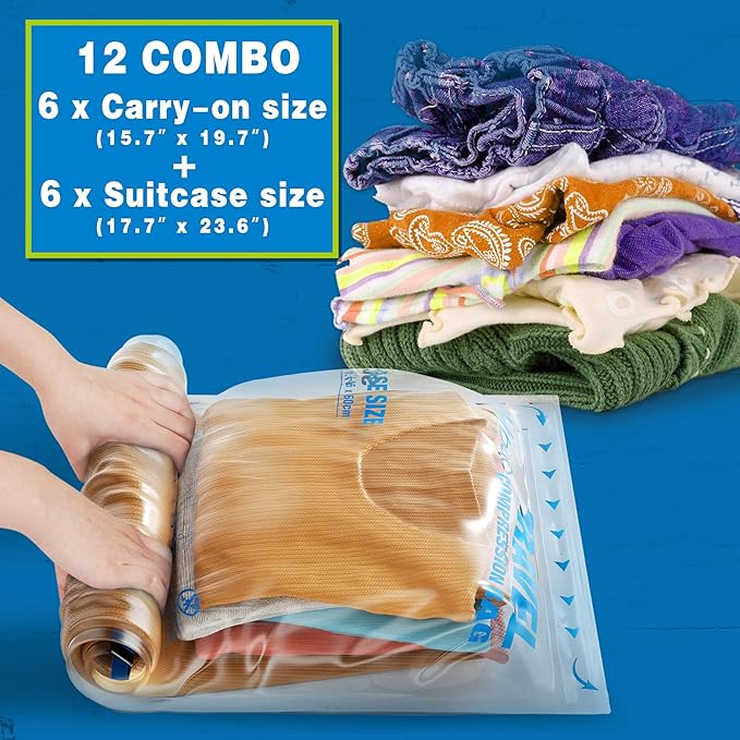 12 Compression Bags for Travel Essentials, Vacuum Packing Space Saver Bags for Cruise Accessories (12-Travel)