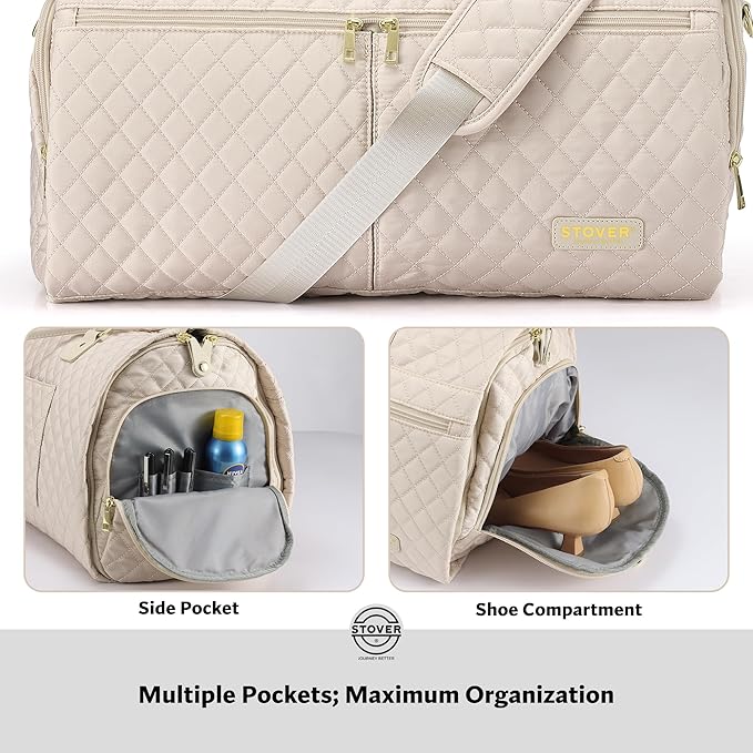 STOVER Women’s Convertible Garment Duffel Bag for Travel – 2-in-1 Carry-On Weekender/Overnight Tote - Wrinkle-Free Dresses, Suits & Clothes + Shoe Compartment & Bonus Toiletry Bag (Cashmere Cream)