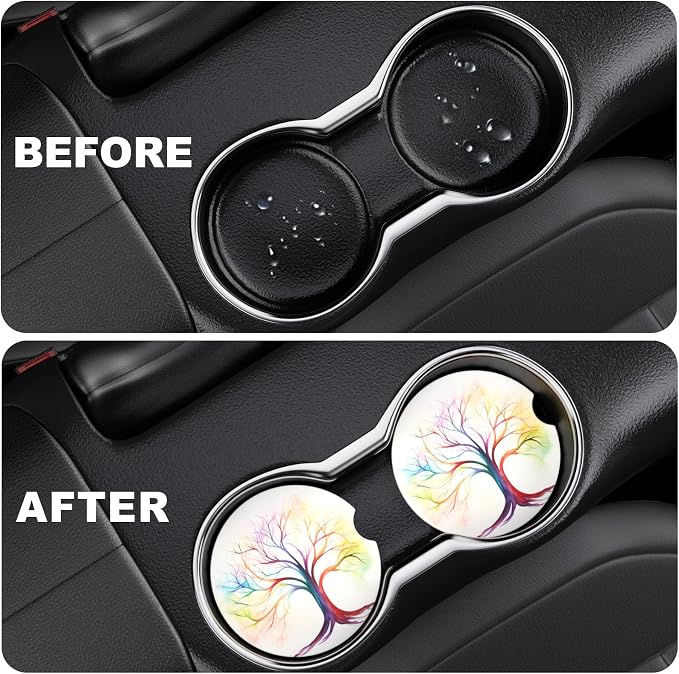 2 Pack Cup Holder Coaster, 2.63inch Anti Slip Insert Absorbent Ceramic Coaster With Cork Base and Finger Notch, Cute Car Accessories Interior for Women (Tree)