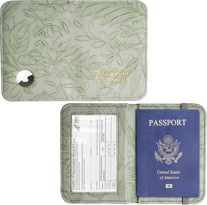 lizimandu Passport Holder with Airtag Slot, Airtag Passport Wallet for Men Women, Slim Leather Passport Holder Case Family for Travel Anti-Lost(1-Carved Green)