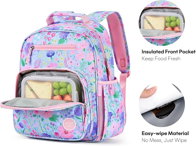 mibasies Kids Backpack for Girls: Girls Backpack 5-8 - Kindergarten Elementary School Bookbag for Girl - Flower Light Blue