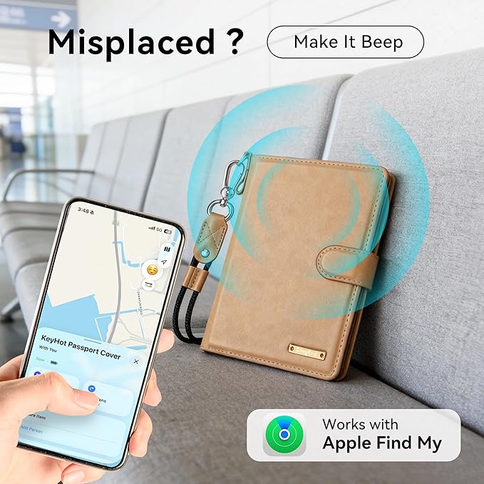 Passport Holder for Travel, Apple MFi Certified Smart Passport Cover Works with Find My, Rechargeable Travel Wallet with Lanyard, RFID Blocking Card Case, PU Leather, Brown