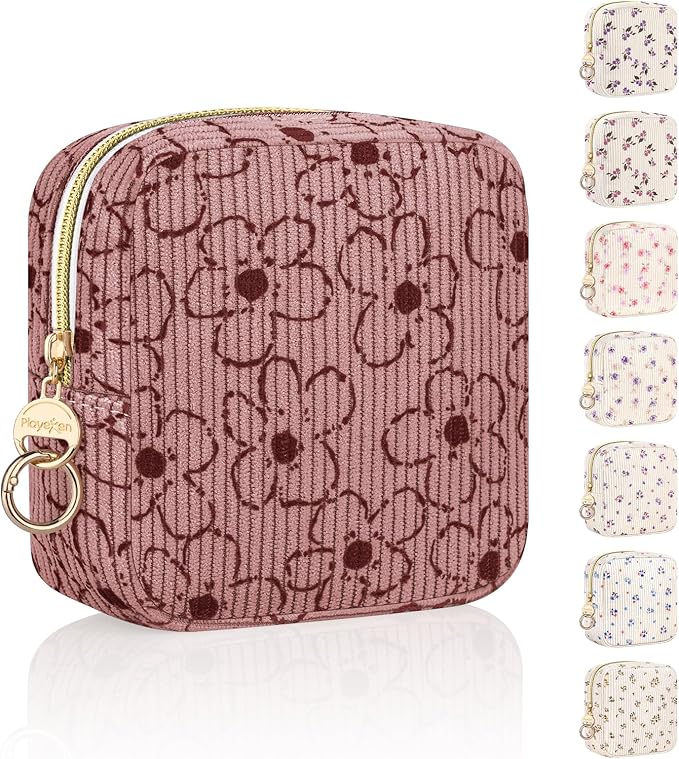 Floral Period Bag, Small Period Pouches for Teen Girls, Corduroy Sanitary Napkin Storage Bag, Compact Discreet Pad and Tampon Holder for Purse (Plum-Dark Pink)