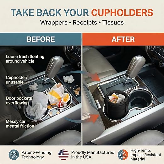 Trash Trapper Car Trash Can Cup Holder | Mini Car Trash Can | Fits in Most Doors | 5.1" x 2.9" | Traps More & Empties Less, Patent-Pending Compaction, Holds Weeks of Small Garbage, Black/Grey, 2-Pack