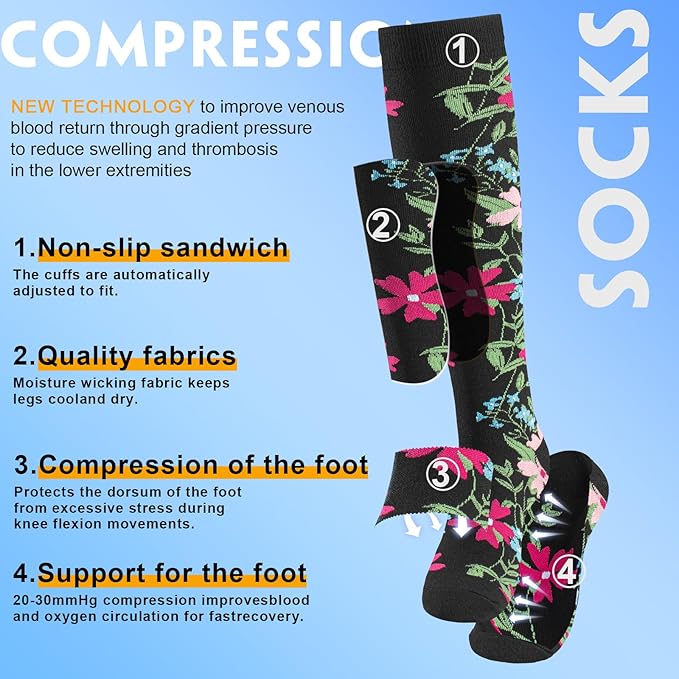 cerpite Compression Socks for Women & Men 6 Pairs Knee High Compression Socks 20-30 mmhg Best for Running,Nurse,Travel