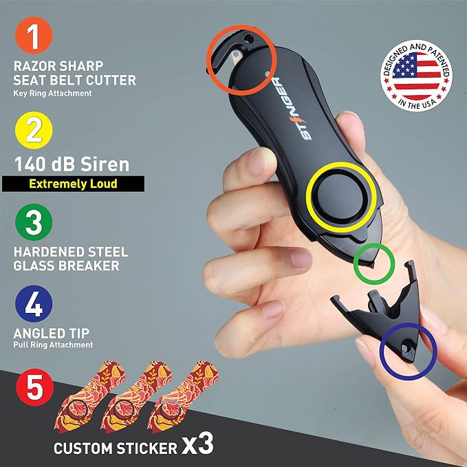 Stinger Personal Alarm Keychain Emergency Tool, Safety Panic Alarm Siren, Seat Belt Cutter, Glass Breaker, Security Device for Women Men Kid, Design in USA (Peony)
