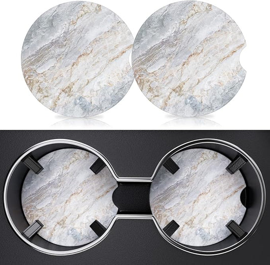 2 Pack Car Cup Holder Coaster, 2.63 inch Anti Slip Insert Absorbent Ceramic Car Coaster with Cork Base and Finger Notch, Cute Car Accessories Interior for Women, Cute Car Coasters., CH0025