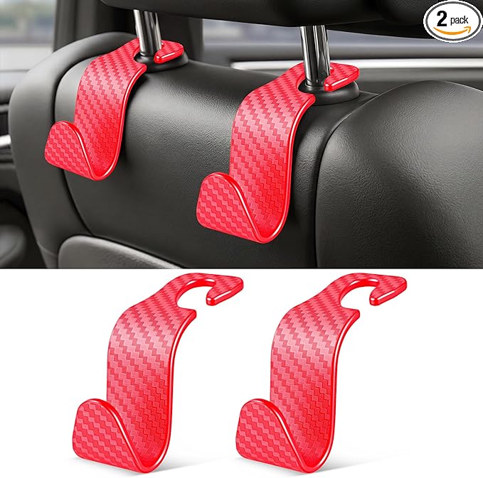 SINGARO Universal 2 Pack Car Seat Headrest Purse Hook, Carbon Fiber Back Seat Hook Storage Organizer Hanger for Purse Handbag Coat, Car Interior Accessories(Red)