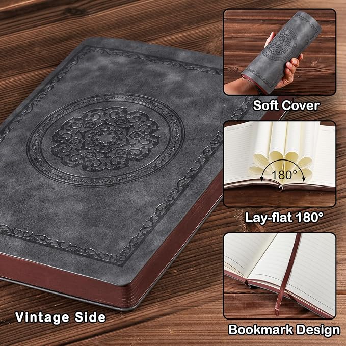 Fetinar 2026 Leather Vintage Journal Notebook,300 Pages,Leather Softcover Lined Journal Notebooks for Women Men,Notebook Journals for Writing Travel,Business,Office,Grey
