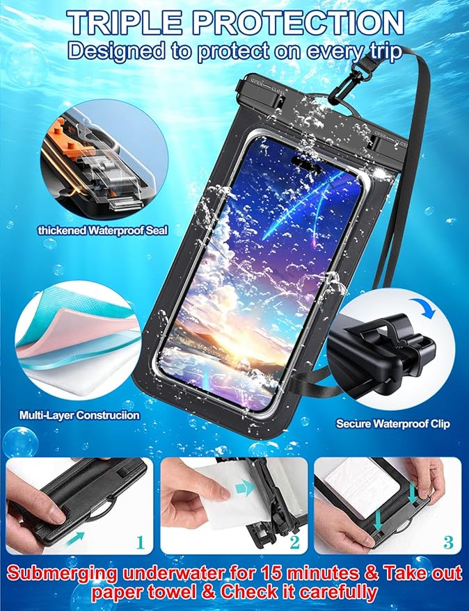 Famoby 5 Pack Multicolor Waterproof Phone Pouch, Cell Phone Case Dry Bag,Protection Level: IP68,Beach Cruise for iPhone,Samsung,and More,Lanyard Included,(Fits Up to 8.3"),Black,Blue,Pink,Orange,Green