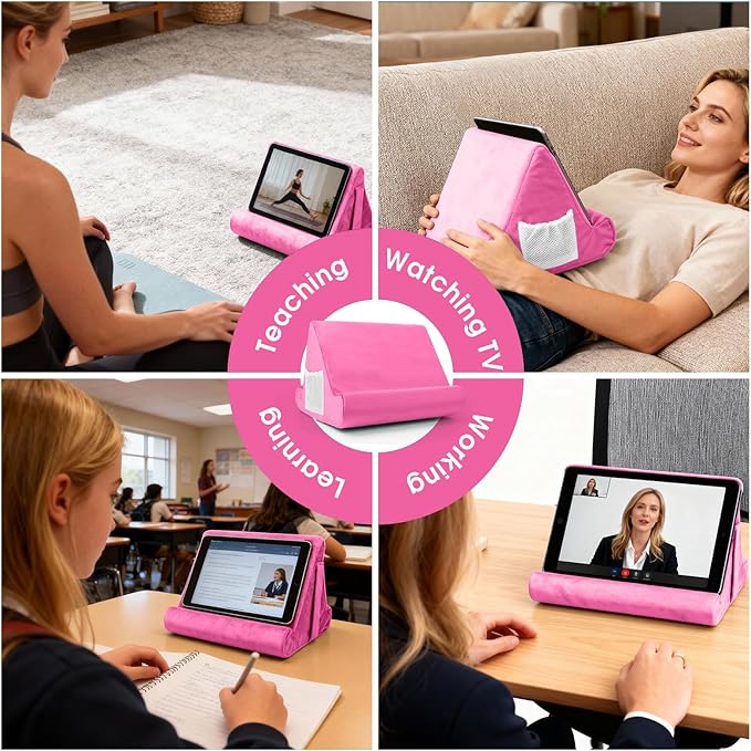 Universal Multi-Angle Tablet Holder - Soft Pad Stand with Net Pocket & Phone Stands for Lap, Knee, Sofa and Bed(Pink)
