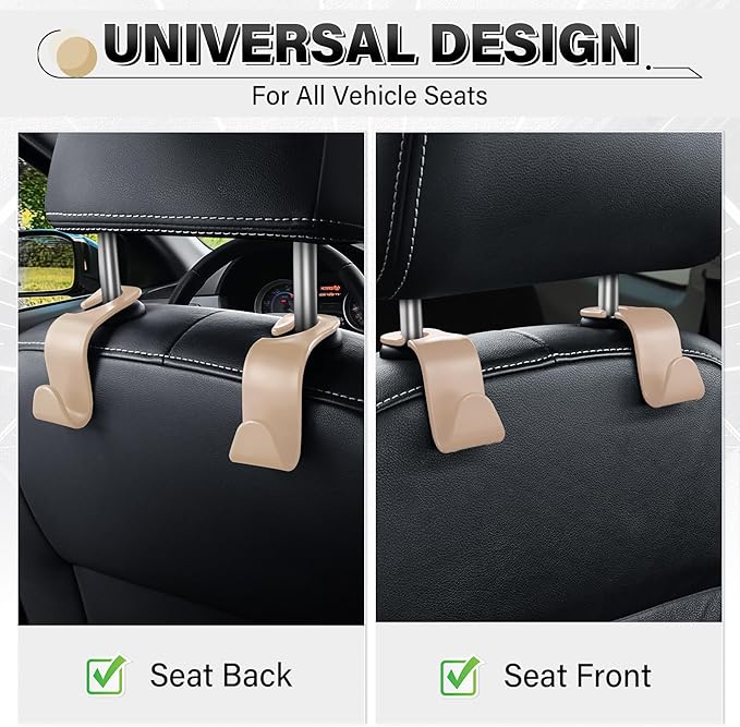 SINGARO 4 Pack Car Seat Headrest Hooks, Vehicle Back Seat Hanger Storage Organizer for Purse Handbag Backpack Coat Grocery, 360° Rotating Heavy Duty Holds 44lbs, Beige