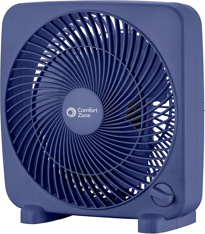 Comfort Zone 9-inch Portable Box Fan – Compact Desktop Cooling Fan with 3-Speeds, Quiet Operation, Built-in Carry Handle & Safety Grill – ETL Listed for Home, Office, or Dorm – Blue