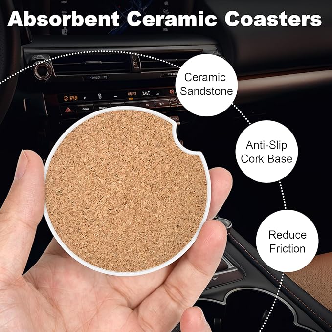 2 Pack Car Cup Holder Coasters, 2.63 inch Anti Slip Insert Absorbent Ceramic Coasters with Cork Base and Finger Notch, Cute Car Accessories for Women