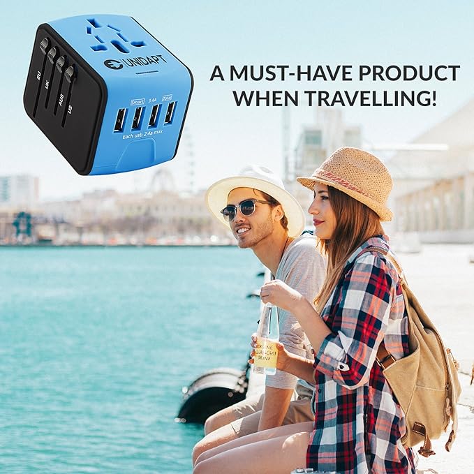 Unidapt Universal Travel Adapter, International Plug Adapter Fast 2,4A 4-USB European Power Plug, AC Wall Charger - Worldwide Outlet for Europe US USA UK EU AUS, Blue