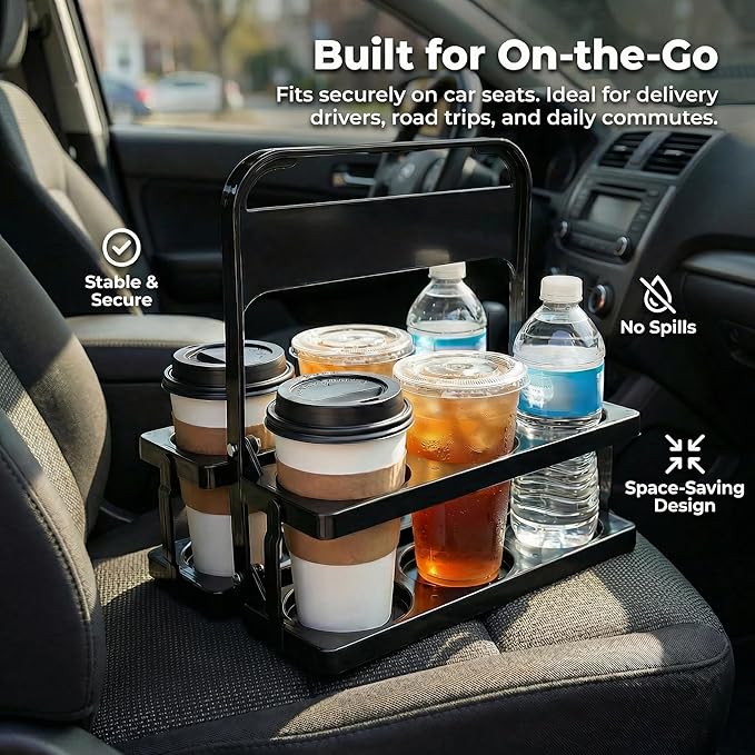 6 Cup Drink Carrier for Delivery - Foldable Drink Holder with Handle, Reusable Cup Carrier for Drinks, Portable Beverage Caddy Accessories for Parties, Camping, Car, Coffee & Bottles (Black)