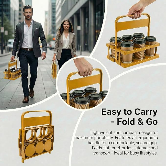 6 Cup Drink Carrier for Delivery - Foldable Drink Holder with Handle, Reusable Cup Carrier for Drinks, Portable Beverage Caddy Accessories for Parties, Camping, Car, Coffee & Bottles (Yellow)