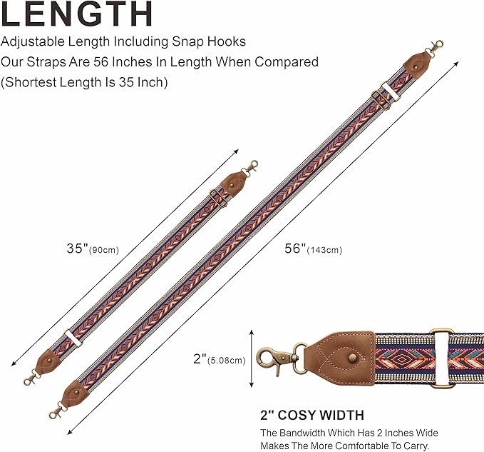 Nefelibata Purse Strap-2"Crazy Horse Leather Bag Strap Adjustable Replacement,Retro Jacquard Embroidery Crossbody Straps